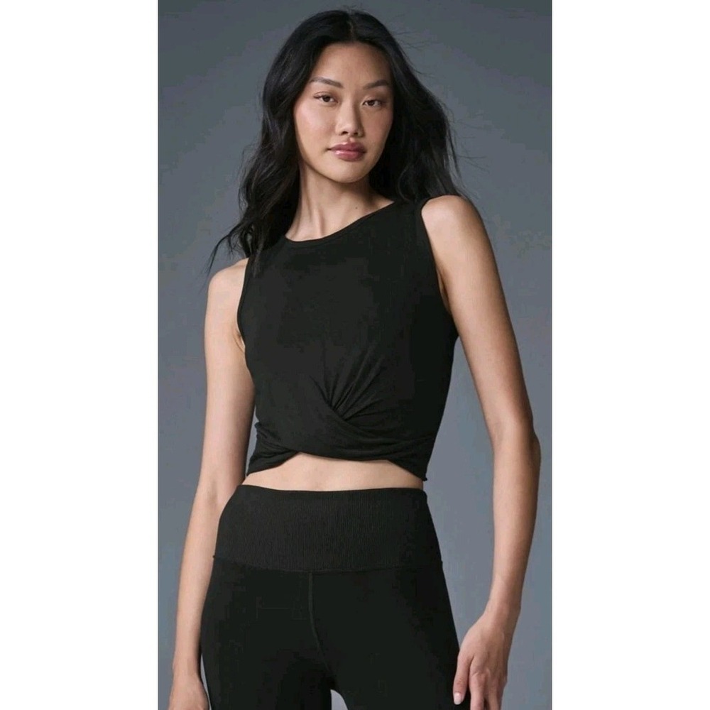Alo Yoga Black Cover Crop Tank S Twist Knot Front Active Pilates Sleeveless